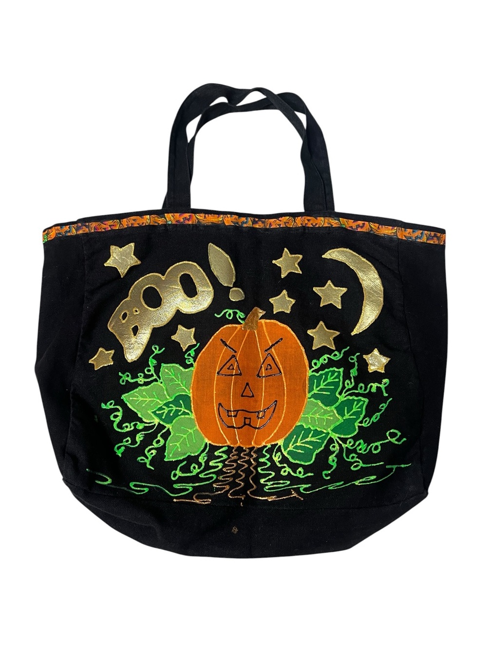 Handmade Halloween Folk Art Witch Pumpkin Double Sided Black Tote Bag